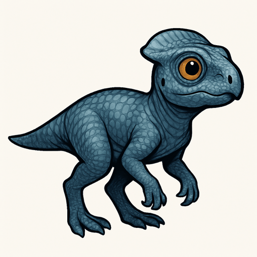 A small Microceratus dinosaur with smooth blue-gray scaly skin. It has a compact body, delicate limbs, and a short tail. The head has a small frill and bright curious eyes. The skin texture is detailed with fine scales, emphasizing its agility and small size..
In-Game asset.  2d.  High contrast.  No shadows