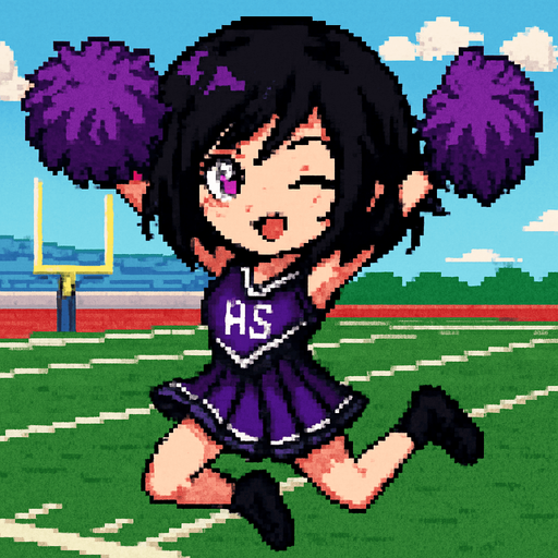 A cute anime-style girl rendered in pixel art, with an emo aesthetic and striking purple eyes, is wearing a high school cheerleader uniform and holding pom-poms in both hands. With her arms and legs extended in a dynamic pose, she winks playfully while cheering. The background is an American football field.