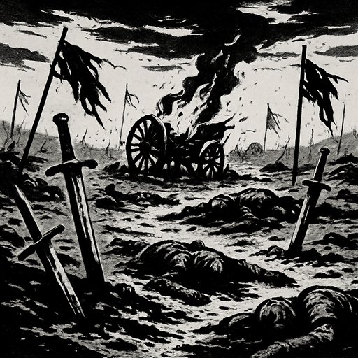 A war-torn battlefield with broken swords and burning wagons, muddy bloodstained ground, corpses under grey skies, banners torn and forgotten, realistic.
In-Game asset.  2d.  High contrast.  No shadows