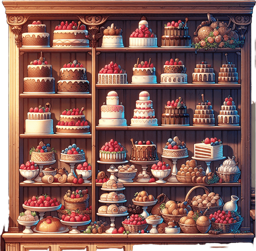 A bakery wall with shelves full of cakes, toppings, berries. Rich game illustration style..
Single Game Texture. In-Game asset. 2d. Blank background. High contrast. No shadows.