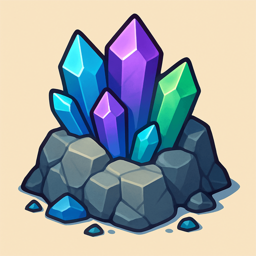 Crea un nodo de recurso de Mina de Cristales en un estilo 2D renderizado, limpio y cartoonish, con contornos claros y definidos, colores vibrantes con transiciones suaves, y sombreado que dé volumen. Debe ser fácilmente reconocible como una fuente de cristales (gemas).

Estructura Principal: Un afloramiento rocoso con cristales brillantes incrustados. Los cristales pueden ser de varios colores (azul, morado, verde) y de diferentes tamaños, con un brillo sutil.

Rocas: Las rocas circundantes pueden tener una textura diferente a la mina de oro, quizás más angulares o con colores más fríos.

Formación: Los cristales deben estar agrupados en formaciones geológicas naturales, y puede haber pequeños fragmentos de cristal esparcidos alrededor.

Dimensiones Sugeridas: Similar a la mina de oro (64x64 o 96x96 píxeles)..
In-Game asset.  2d.  High contrast.  No shadows