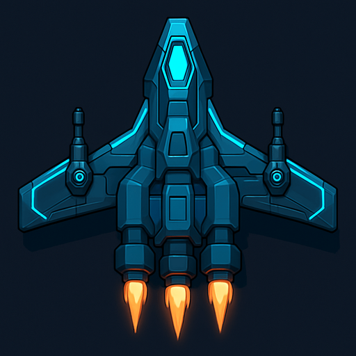 Upgrade the Level 1 ship into a more capable 2D top-down design. Add wing extensions with subtle glowing lines, a larger engine section with animated thrusters, and two visible weapon hardpoints. Add more color variation (blues, steel, light glow effects) to indicate progress and increased power..
In-Game asset.  2d.  High contrast.  No shadows