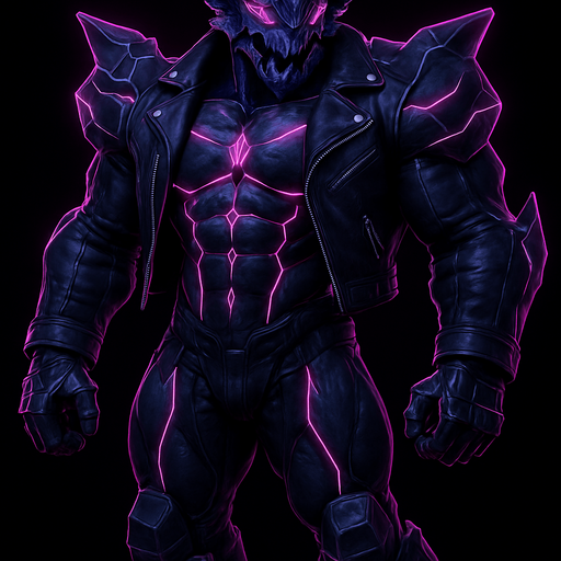 Black leather biker jacket longsleeves bare segmented neon cyberpunk pecs abs muscles robot monster hunk