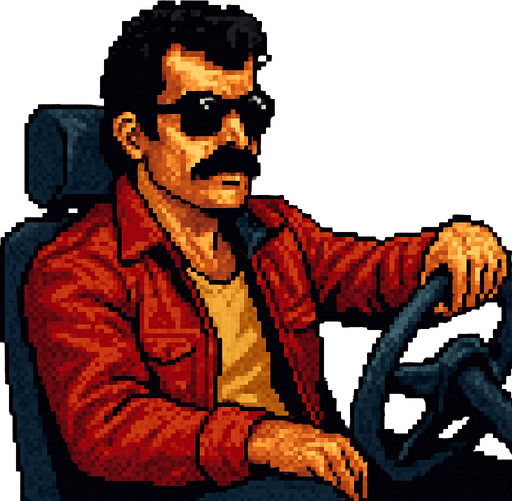 pixel art image of a 34-year-old cool-looking driver guy in a vintage retro 1980s style, Turkish style depicted in a 3/4 view. The driver should be leaning back casually, exuding confidence and style, with one hand on the wheel as if driving. Single Game Texture. In-Game asset. 2d. Blank background. High contrast. No shadows.