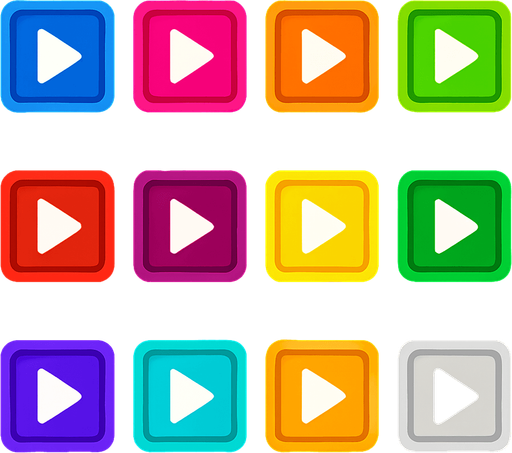 a sprite sheet for a 2D illustration of colored square buttons containing a minimalistic triangle arrow inside them, for a rythm based musical casual mobile game.
In-Game asset.  2d.  High contrast.  No shadows