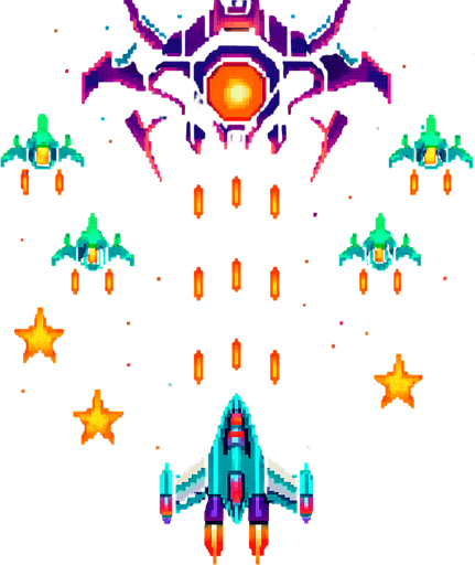 The image showcases a space-themed scene, reminiscent of a classic arcade shooter game. At the center, a sleek, futuristic spaceship is flying towards a large, menacing enemy craft positioned at the top of the image. The enemy ship has a glowing orange core and is surrounded by sharp, angular details.

In the background, a cosmic space environment with a blend of dark purples and blues sets the tone. Several smaller enemy ships, colored green, are positioned in a formation, actively shooting orange projectiles toward the player’s ship. There are also star-shaped icons scattered across the scene, possibly representing power-ups or achievements. The overall aesthetic combines sharp, vibrant neon colors with a retro-futuristic design, giving it a sense of high-energy action..
In-Game asset.  2d.  High contrast.  No shadows. Space Shooter  Arcade Game  Futuristic Spaceships  Retro Gaming  Space Battle  Sci-Fi Art  Video Game Art  Pixel Art Style