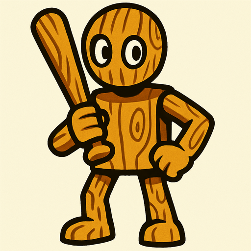 anthropomorphic wooden figure holding a baseball bat.
In-Game asset.  2d.  High contrast.  No shadows