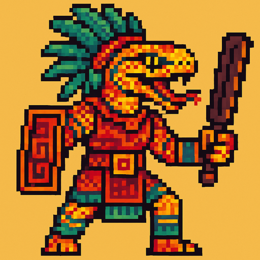 Generame un guerrero azteca con patrones, estilo pixelar, ademas sera un Serpiente sabanera humanoide.
In-Game asset.  2d.  High contrast.  No shadows