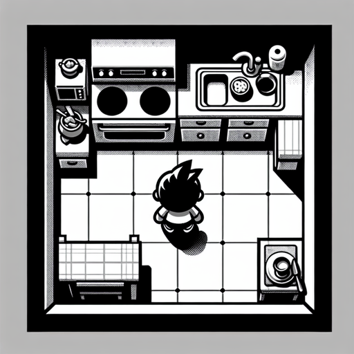 top-down view, videogame kitchen mickey mouse 
character, 90s style sticker, flat, no perspective, silhouette,  black and white, cartoon, fun, simple,.
Single Game Texture. In-Game asset. 2d. Blank background. High contrast. No shadows.