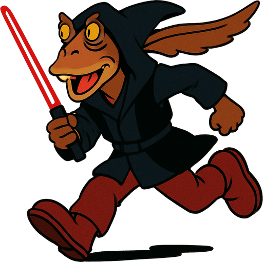 Running Sith jar-jar binks in ghibli style.
In-Game asset.  2d.  High contrast.  No shadows