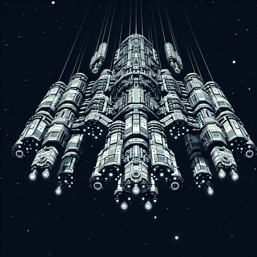 alien spaceship heading down.
Single Game Texture. In-Game asset. 2d. Blank background. High contrast. No shadows.