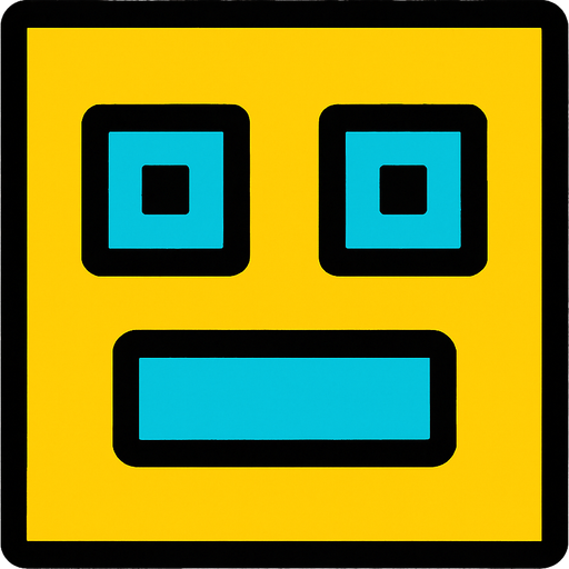 un cuadrado amarillo con ojos cudrados celestes y boca celeste rectangular.
In-Game asset.  2d.  High contrast.  No shadows
