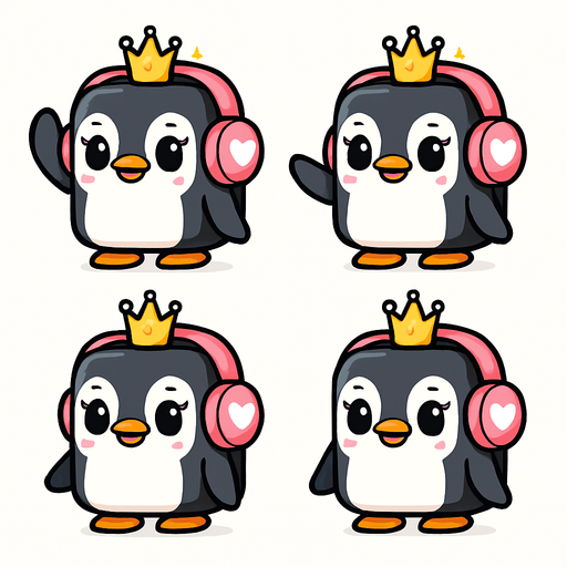 Create a 2D character sprite sheet, arranged in a 2x2 grid. The subject is an adorable, girly, cubical Penguin Princess. She wears a small, cute sparkling crown. Her oversized pink headphones have a small white heart decal on each ear cup. She has large, expressive eyes and a sweet smile. The style is clean vector art with simple cel shading, on a plain white background. The 4-frame animation is a side-to-side wave.
Frame 1: The character raises her flipper to head height, hand held straight.
Frame 2: The flipper, still at head height, pivots to the left.
Frame 3: The flipper, still at head height, pivots to the right.
Frame 4: The character begins to lower her flipper from head height..
In-Game asset.  2d.  High contrast.  No shadows