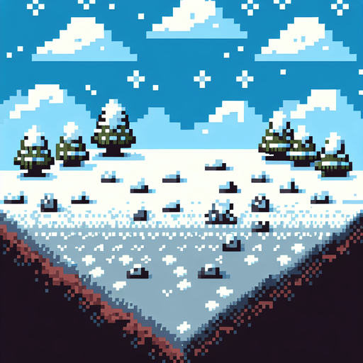 pixel art a small image 2048 to serve as ground that has snow for a simple 2D game no trees not nothing only snow and ground to cover the ground width of the screen Single Game Texture. In-Game asset. 2d. Blank background. High contrast. No shadows.