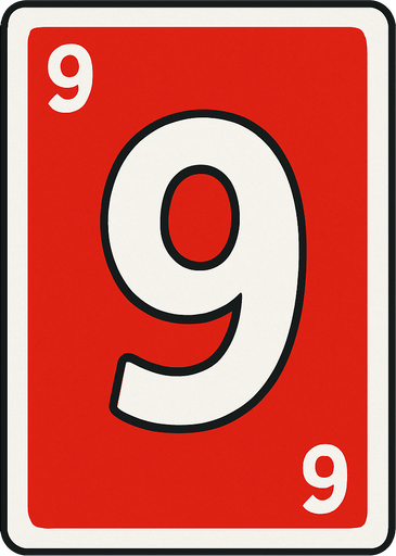 Rectangular card numbered 9, with a white border around it and a red background..
In-Game asset.  2d.  High contrast.  No shadows