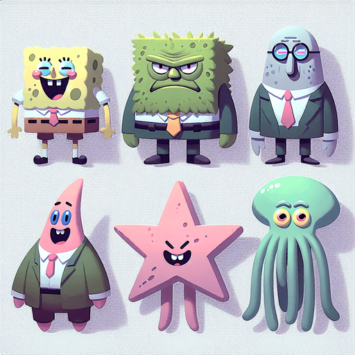 SpongeBob cartoon characters.
Single Game Texture. In-Game asset. 2d. Blank background. High contrast. No shadows.