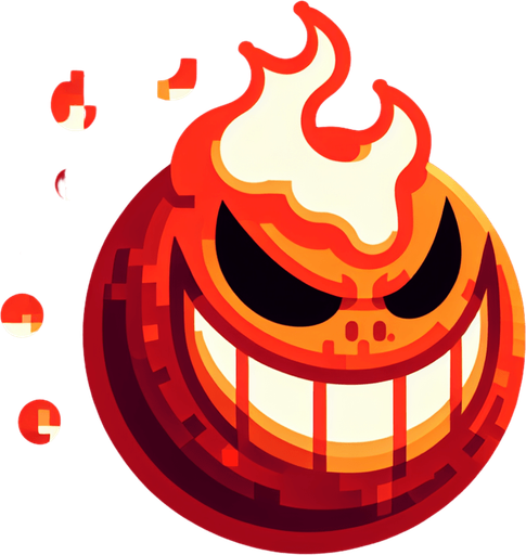 Burning ball shaped creepy grinning devil.
Single Game Texture. In-Game asset. 2d. Blank background. High contrast. No shadows. 8 bit