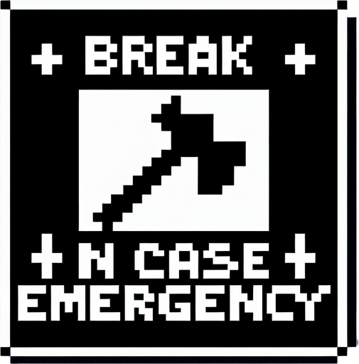 Break in case of emergency square. Ax drawing inside. simple. 8-bit. cartoon. blackand white..
Single Game Texture. In-Game asset. 2d. Blank background. High contrast. No shadows.