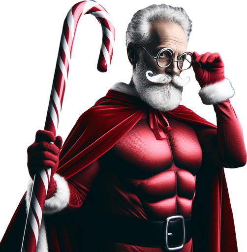 A old super hero Santa Claus holding a candy cane in his hand High contrast.