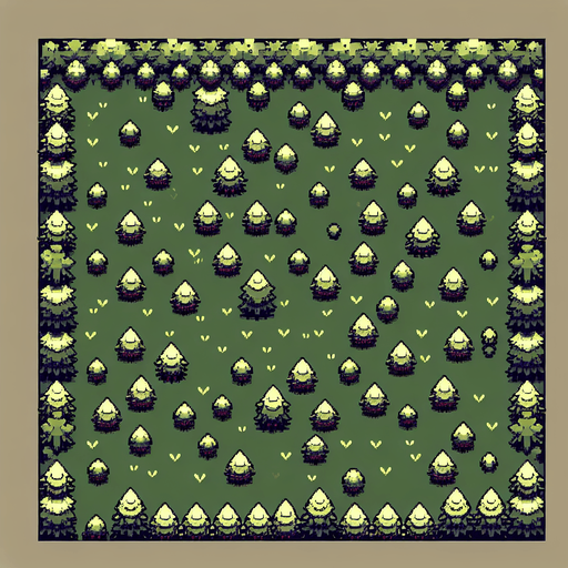 top down forest clearing with small bushes..
Single Game Texture. In-Game asset. 2d. Blank background. High contrast. No shadows.