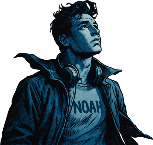 2048x2048, realistic comic style. Night sky on a rooftop, Noah gazes at the stars with headphones around his neck. Gentle wind flutters his jacket. Deep blue, nostalgic color tones. Add a transparent narrator box at the top-center with the text: "But echoes never truly die...".
In-Game asset.  2d.  High contrast.  No shadows