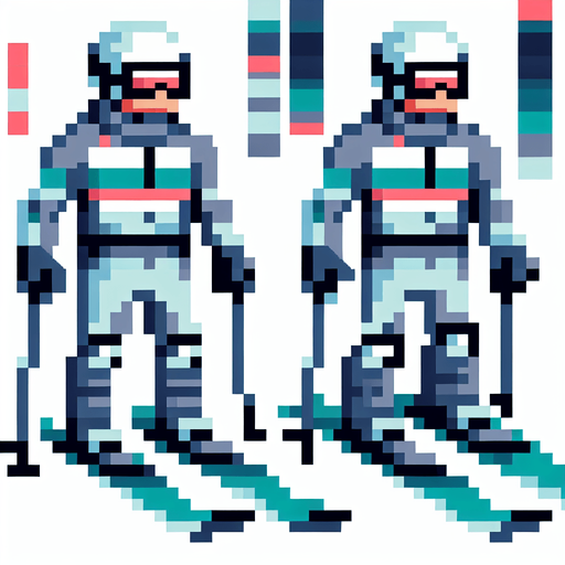 Pixel art of a Skiier. front view. side view..
In-Game asset. 2d. Blank background. High contrast. No shadows.