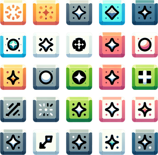 Design a spritesheet for a minimal, hyper-casual 2D mobile game in a flat, 2D illustration style. The spritesheet contains nine square tiles, each defined by a single dominant color and a contrasting, clean frame with subtle shape variations to represent functionalities like damage, magic, or healing. The tiles remain simple and uncluttered, with no symbols or icons inside, emphasizing clarity and modern design. The frames themselves convey purpose through their unique shapes, creating a polished, playful, and approachable aesthetic perfect for vibrant mobile gaming experiences.
Single Game Texture. In-Game asset. 2d. Blank background. High contrast. No shadows.
