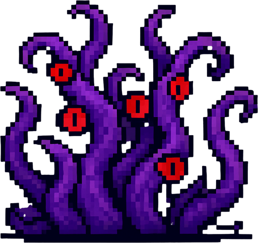 Purple tentacles pixel art and red eyes 2d.
In-Game asset.  2d.  High contrast.  No shadows