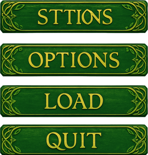LOTR style buttons with more green color. 1600x230.
In-Game asset.  2d.  High contrast.  No shadows