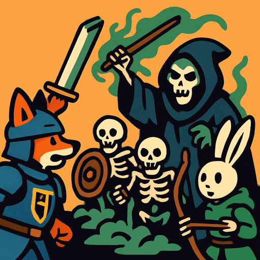 esqueletos guerreros que salen de la tierra por un brujo, miesntras un ballero zorro y un conejo arquero miran asombrado.
In-Game asset.  2d.  High contrast.  No shadows