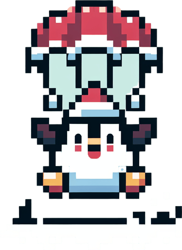 cute fat chubby parachuting penguin wearing a santa hat. pixelated. 8 bit. Single Game Texture. In-Game asset. 2d. Blank background. High contrast. No shadows.