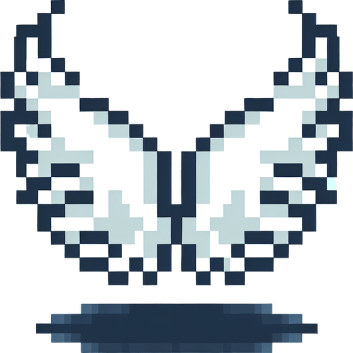 An icon of white wings. Pixel art..
Single Game Texture.  In-Game asset.  2d.  Blank background.  High contrast.  No shadows