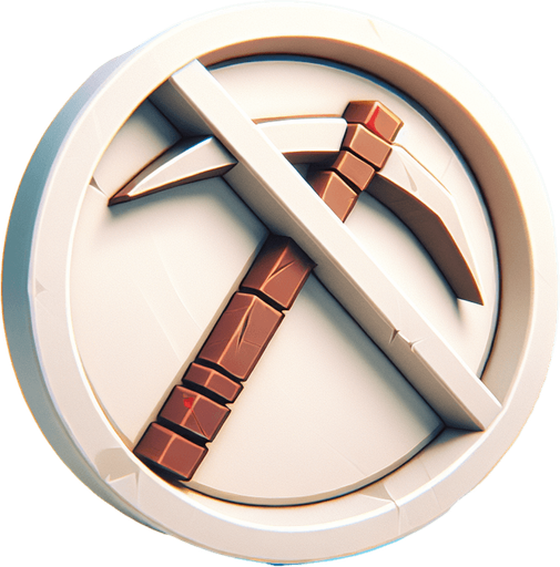 pickaxe with a circle around it and a slash going from the top of the circle to the bottom.
Single Game Texture.  In-Game asset.  2d.  Blank background.  High contrast.  No shadows