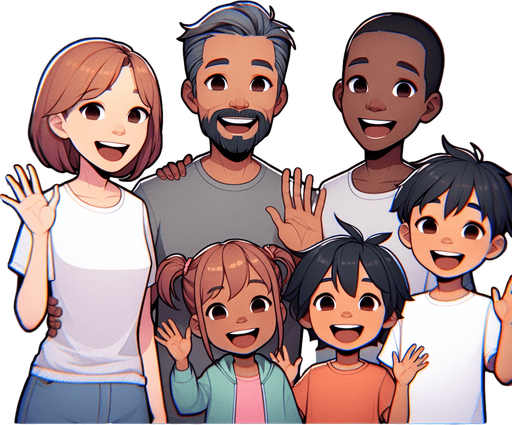 A smiling family waving..
Single Game Texture. In-Game asset. 2d. Blank background. High contrast. No shadows.