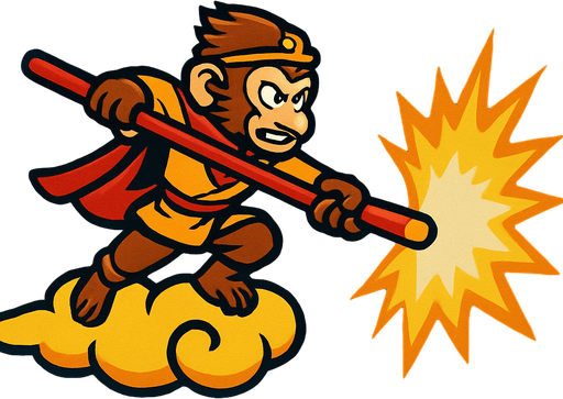 monglkey king raja kera di atas awan kinton menyerang dengan tongkat sakti. side scroller image.
In-Game asset.  2d.  High contrast.  No shadows