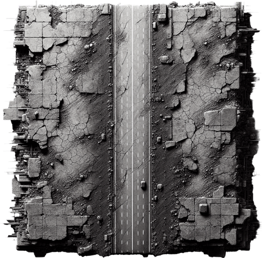 Over head view of a section of road for an endless vertical shooter. Scarred and pitted by battle. High definition..
Single Game Texture. In-Game asset. 2d. Blank background. High contrast. No shadows.