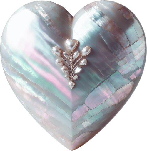 Large precious heart in mother-of-pearl, lightly ornate.
Front view.