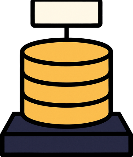 DataBase, looks like a regular DB, circels one on each other, but with a  thick heavy base under it that it stands on it. The base is a simple rectangle, and above the DB there is an empty sign.
The whole picture is in ratio of 400 on 600.
In-Game asset.  2d.  High contrast.  No shadows