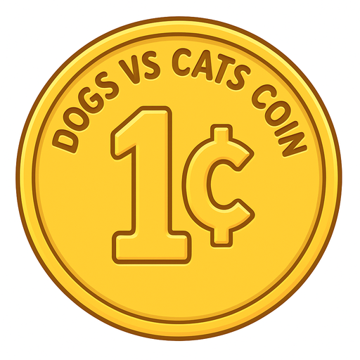 A golden shining coin with the words “dogs vs cats coin” at the top and the coin says “1¢” . No background. Transparent background. Blank background. No shadows. 2d. In-Game asset. flat