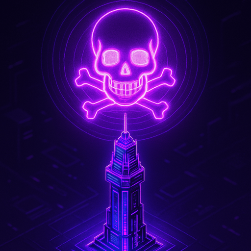 Top down isometric neon cyberpunk anime tower spire 3d hologram glowing purple hd large poison symbol projected overhead