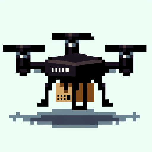 Cartoon. 8-bit. Delivery dron. Black color. In game asset. No shadow. Single Game Texture. In-Game asset. 2d. Blank background. High contrast. No shadows.