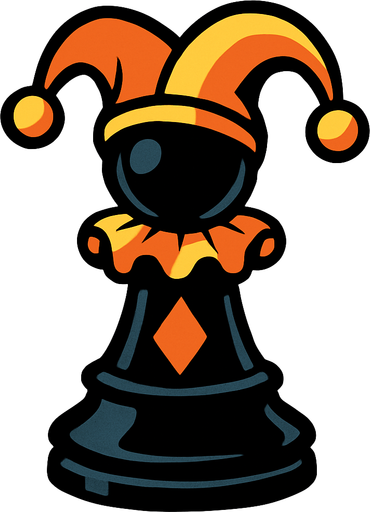 a black chess piece that resembles a chess pawn but is dressed like a jester.
In-Game asset.  2d.  High contrast.  No shadows