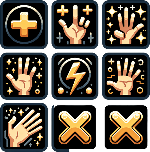 create a sprite sheet of 6 buttons, the first hand icon with a +, hand icon with an electricity icon, another with a golden hand, another with a hand and an ×, and one with a hand icon, written max.
Single Game Texture.  In-Game asset.  2d.  Blank background.  High contrast.  No shadows