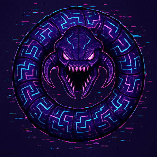 giant worm-like virus creature, segmented body, glowing circuit patterns, top-down view, menacing style, glitch effects, sci-fi, dark purple and neon accents, symmetrical, circular..
In-Game asset.  2d.  High contrast.  No shadows