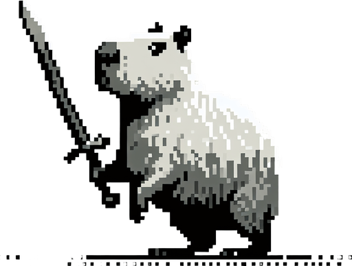 Capibara con una espada y pixelado.
Single Game Texture.  In-Game asset.  2d.  Blank background.  High contrast.  No shadows