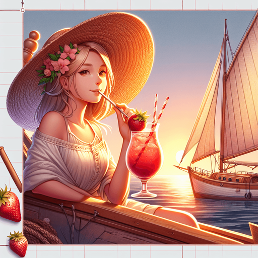 An idyllic llustration of a beach cove where a blond girl in a straw hat is enjoying an large strawberry drink on the deck of her sailing boat as the sun sets. Clean game illustration style..
Single Game Texture. In-Game asset. 2d. Blank background. High contrast. No shadows.