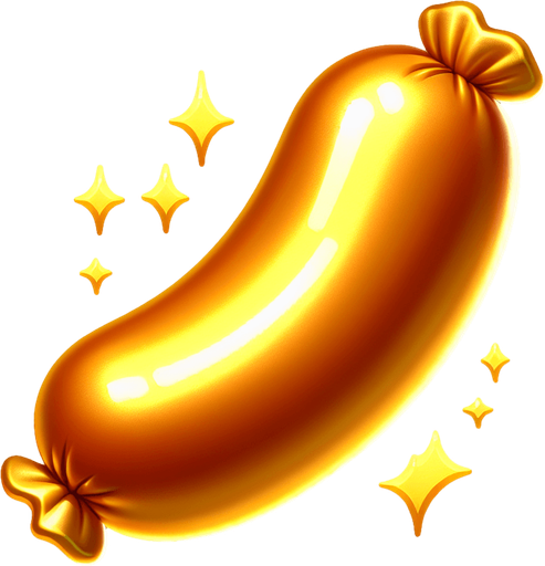 A gold sausage.
Single Game Texture. In-Game asset. 2d. Blank background. High contrast. No shadows.
