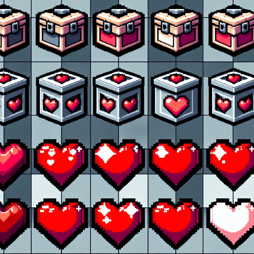 A sprite sheet of heart containers. 
Single Game Texture. In-Game asset. 2d. Blank background. High contrast. No shadows.