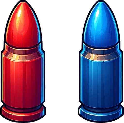 bullet red and blu.
Single Game Texture.  In-Game asset.  2d.  Blank background.  High contrast.  No shadows