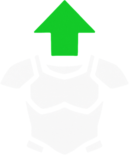 Symbol for a spaceship armor upgrade using an green arrow pointing up and white coloring.
In-Game asset.  2d.  High contrast.  No shadows